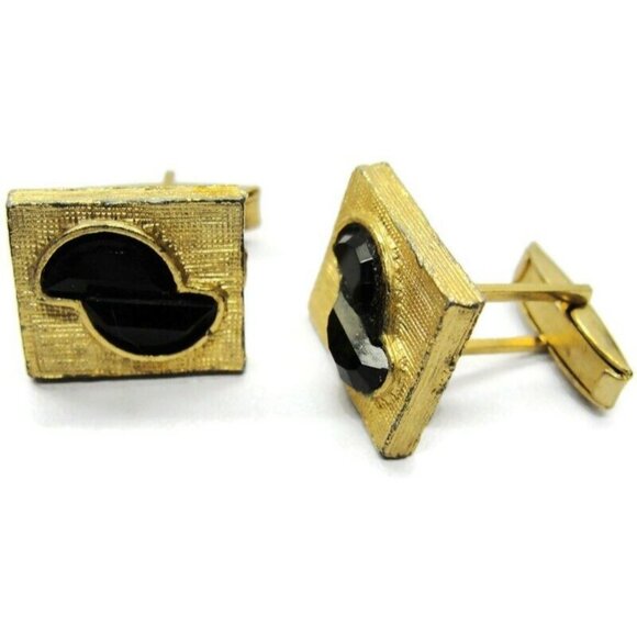Cufflinks Gold Tone Black Stones  Tux Shirt Dress Suit Vintage - Picture 9 of 9